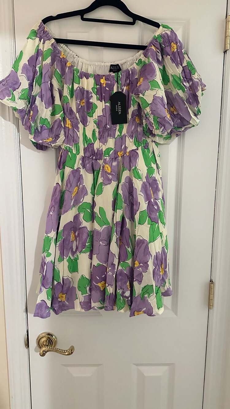 Aleeza Paris D841 Dress Size XL Provence Purple Floral Off Shoulder